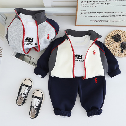 3pcs Baby Boy Zip Up High Neck Embroidered Pony Long Sleeve Set