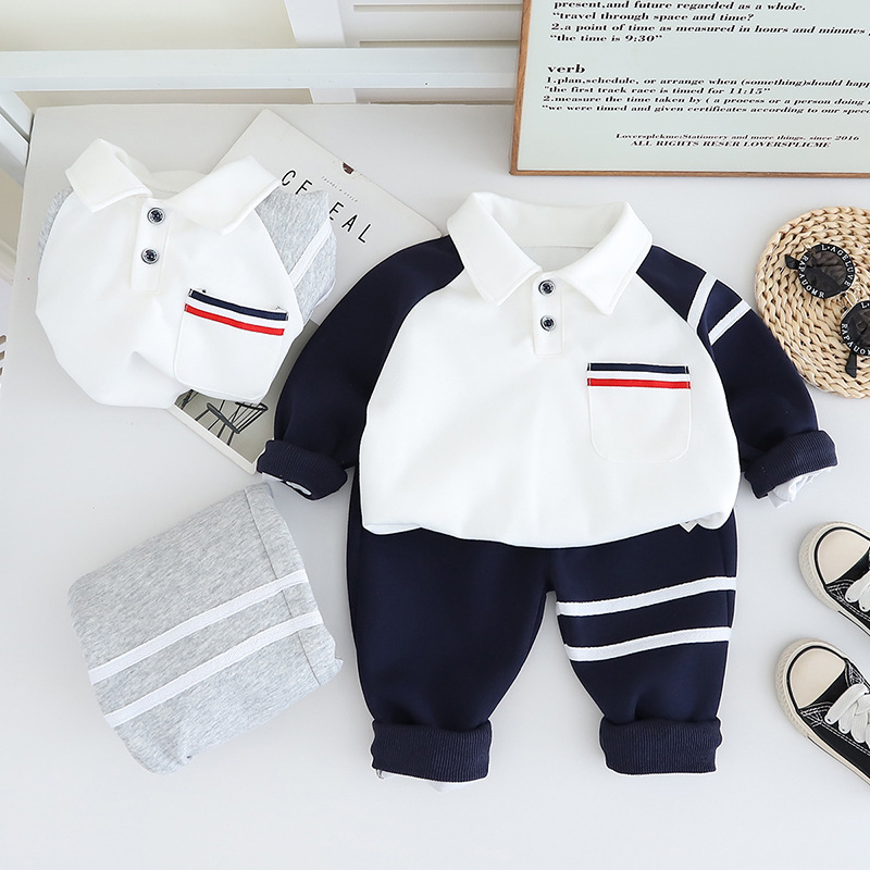 2pcs Baby Boy Colour Block Stripe Polo Shirt Long Sleeve Set