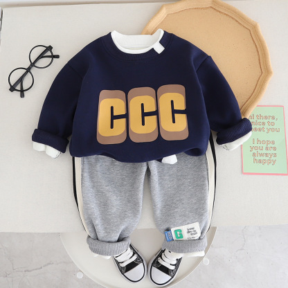 2pcs Baby Boy Padded Alphabet Fake Two Piece Set