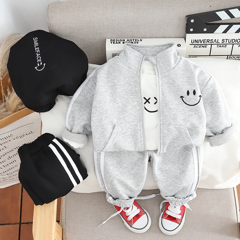 3pcs Baby Boy Smiley Zip Long Sleeve Set
