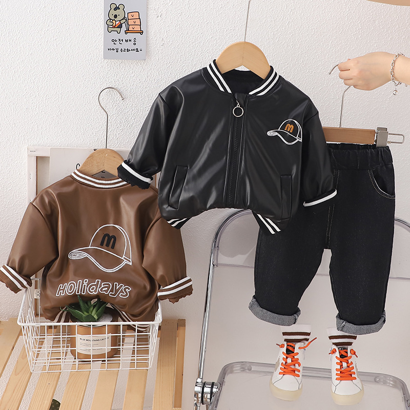 2pcs Baby Boy Leather Baseball Jersey Long Sleeve Set