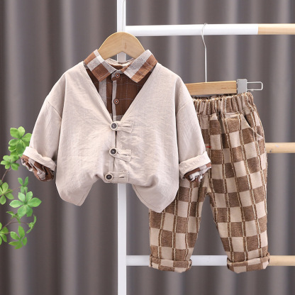 3pcs Baby Boy/Girl Long Sleeve Vintage Mori Plaid Set