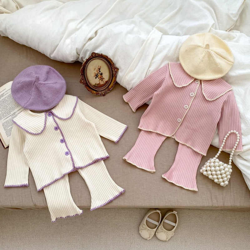 2pcs Baby Girl Lapel Long Sleeve Cardigan Micro Flared Trousers Set