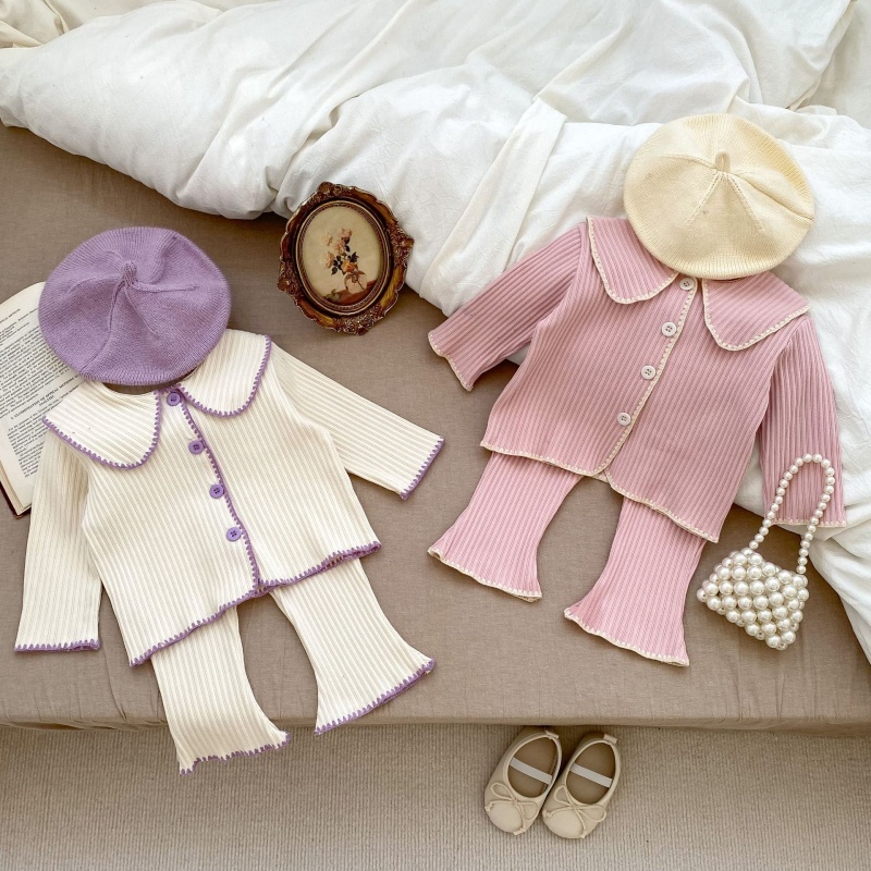 2pcs Baby Girl Lapel Long Sleeve Cardigan Micro Flared Trousers Set