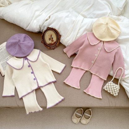 2pcs Baby Girl Lapel Long Sleeve Cardigan Micro Flared Trousers Set