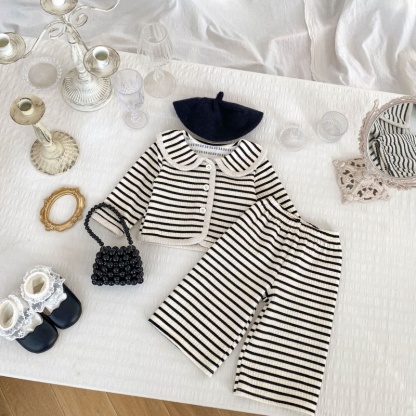 2pcs Baby Girl Striped Simple Lapel Long Sleeve Top Casual Wide Leg Trousers Set