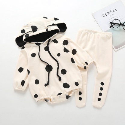 2pcs Baby Girl Cute Polka dot hooded Long Sleeve Romper+Pants