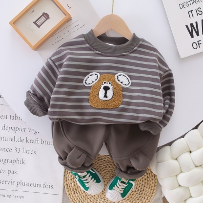 2pcs Baby Boy Cute Bear Crew Neck Padded Sweatshirt Set