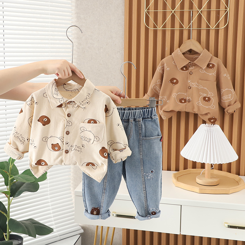 2pcs Baby Boy Full Print Bear Long Sleeve Shirt Set