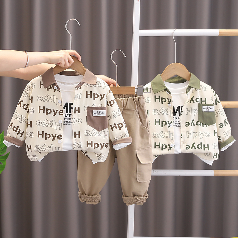 3pcs Baby Boy Full Print Lettering Long Sleeve Shirt Set