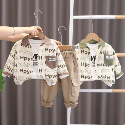 3pcs Baby Boy Full Print Lettering Long Sleeve Shirt Set