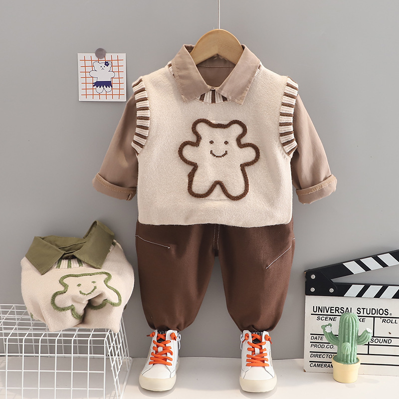 3pcs Baby Boy Bear Vest Long Sleeve Shirt Set