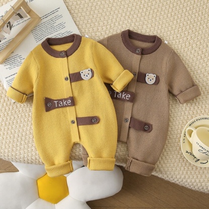 Baby Girl/Boy Cute Cartoon Striped Knitted Bear Long Sleeve Romper