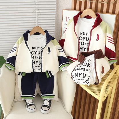 3pcs Baby Boy Zip Up Jacket Letter Printed T Shirt Casual Trousers Set