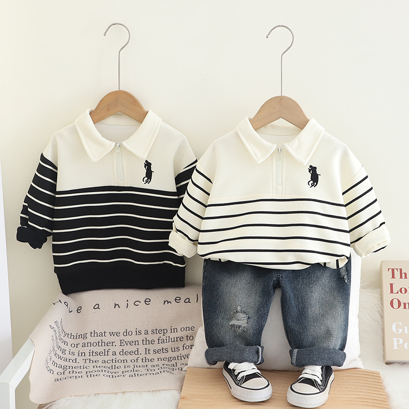 2pcs Baby Boy Striped Polo Shirt Long Sleeve Jeans Set