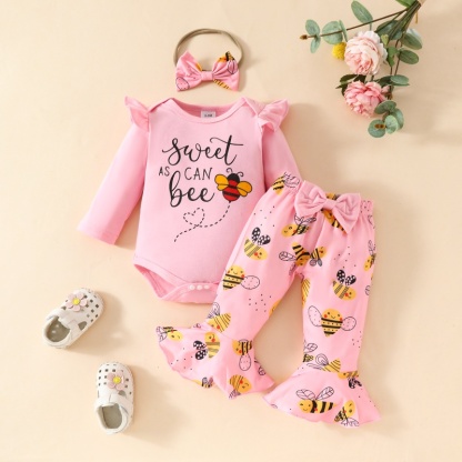 2pcs Baby Girl Cute Little Bee Print Long Sleeve Set With Hairband