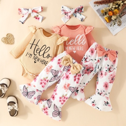2pcs Baby Girl Cute Alphabetical Flowers Long Sleeve Set With Hairband