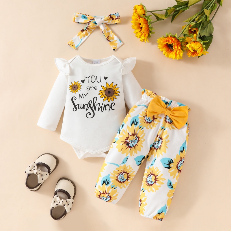 2pcs Baby Girl Alphabet Sunflowers Long Sleeve Set With Hairband