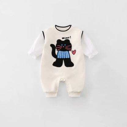 Baby Girl CuteTowel Embroidery Cat Long Sleeve Romper