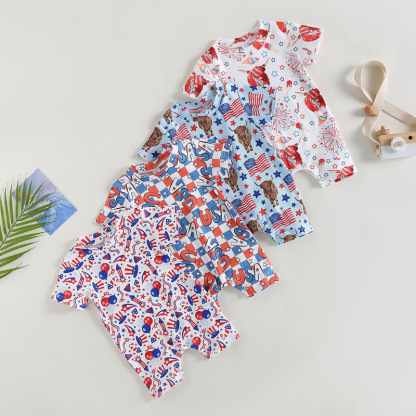 Baby Boy/Girl Independence Day Flag Print Crew Neck Short Sleeve Romper