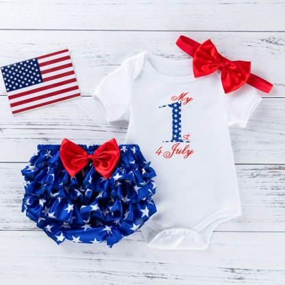Baby Boys Independence Day Letter Print Bodysuit + Pant +Hairband Three-piece set