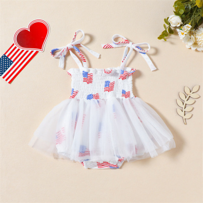 Baby Girl Independence Day Flag Print Halter Netting Sleeveless Bodysuit