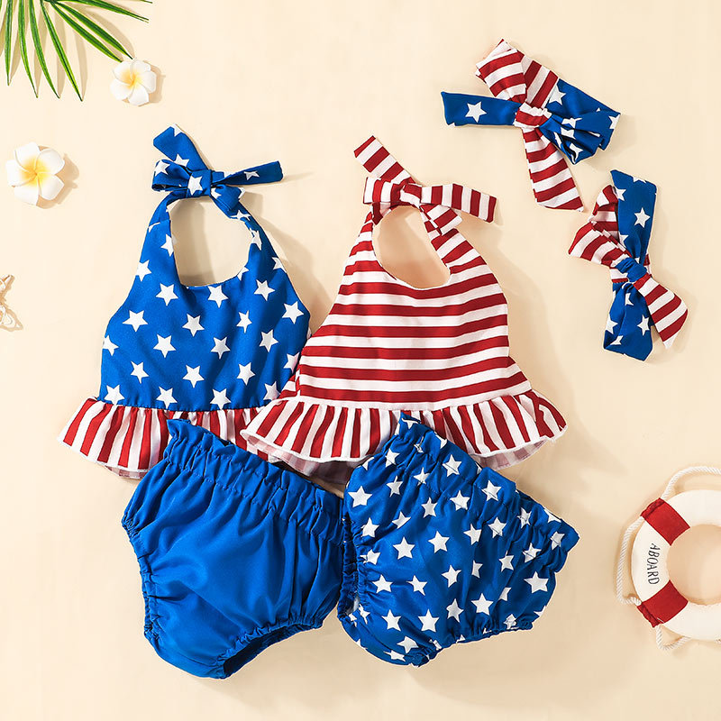 Baby Girl Independence Day Stripes and Stars Sling-shirt+ Pant + Hairband 3pcs Set