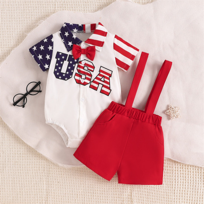Baby Boys Independence Day USA Print Bodysuit + Suspenders 2pcs Set