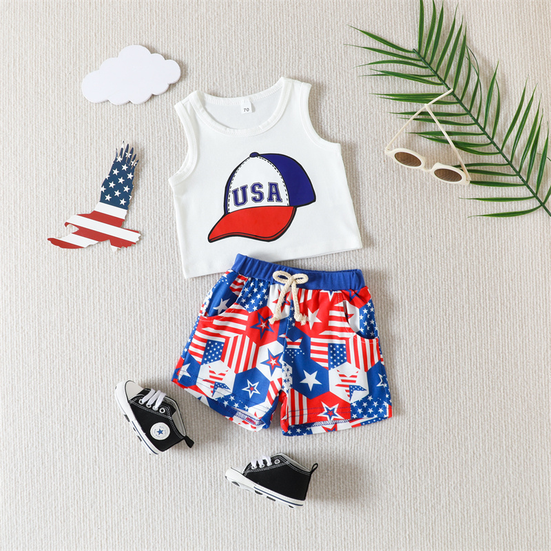 2pcs Baby Boy/Girl Independence Day Red and White Checkered Colorful Letter Print T-shirt with Pant Set-kissminis
