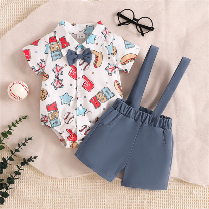 Baby Boys Independence Day Element Print Bodysuit + Suspenders 2pcs Set