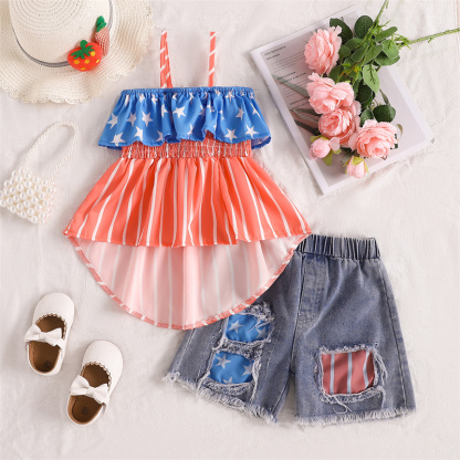 Baby Girl Independence Day Stars and Stripes Print Sling-shirt+ Pant 2pcs Set
