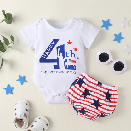 Baby Boy/Girl Independence Day Letter Print Short Sleeve Bodysuit with Pant 2pcs