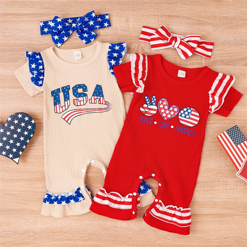 Baby Girl Independence Day Letter USA Print Lace Short Sleeve Romper with Hairband 