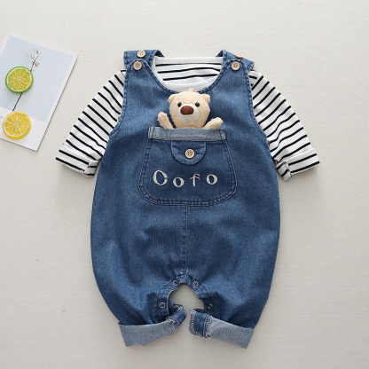 Baby Boy/Girl Cute Bear Denim Long Sleeve Bib Pants Long Sleeve Romper