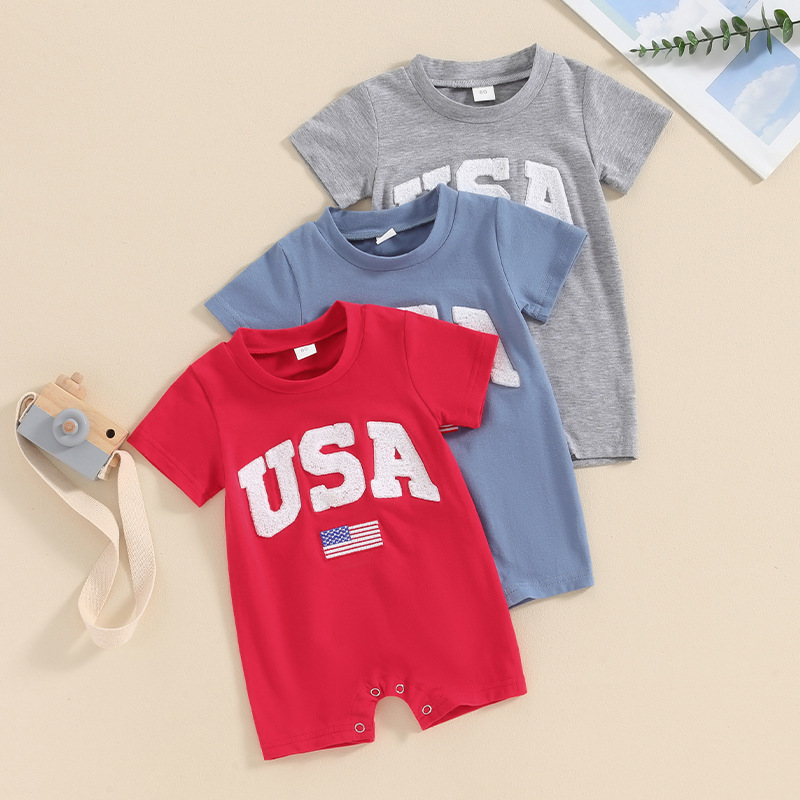 Baby Boys Embroidered Independence Day Alphabet USA Short Sleeve Rromper