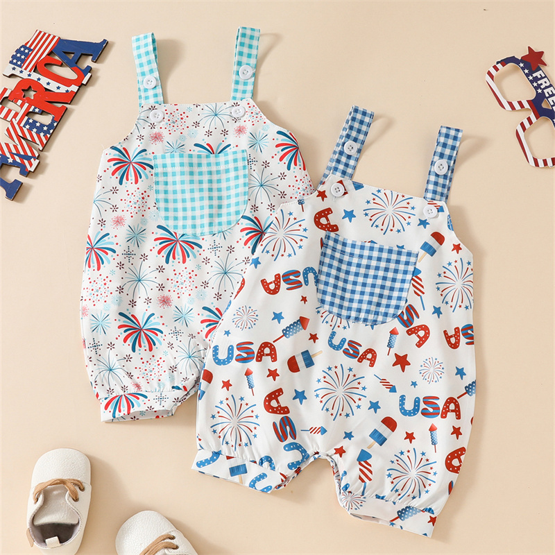 Baby Girl Independence Day Monogram Fireworks Sling Sleeveless Bodysuit
