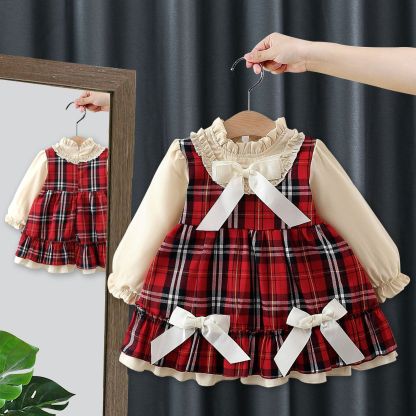 Baby Girl Patchwork False Two Piece Plaid Dress
