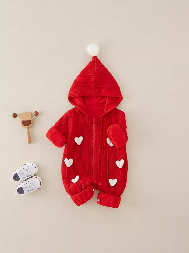 Baby Girl Red Heart Pattern Zip With Hat Romper