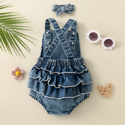 Baby Gir Cute Flower Bunny Denim Bodysuit with Bow Tie
