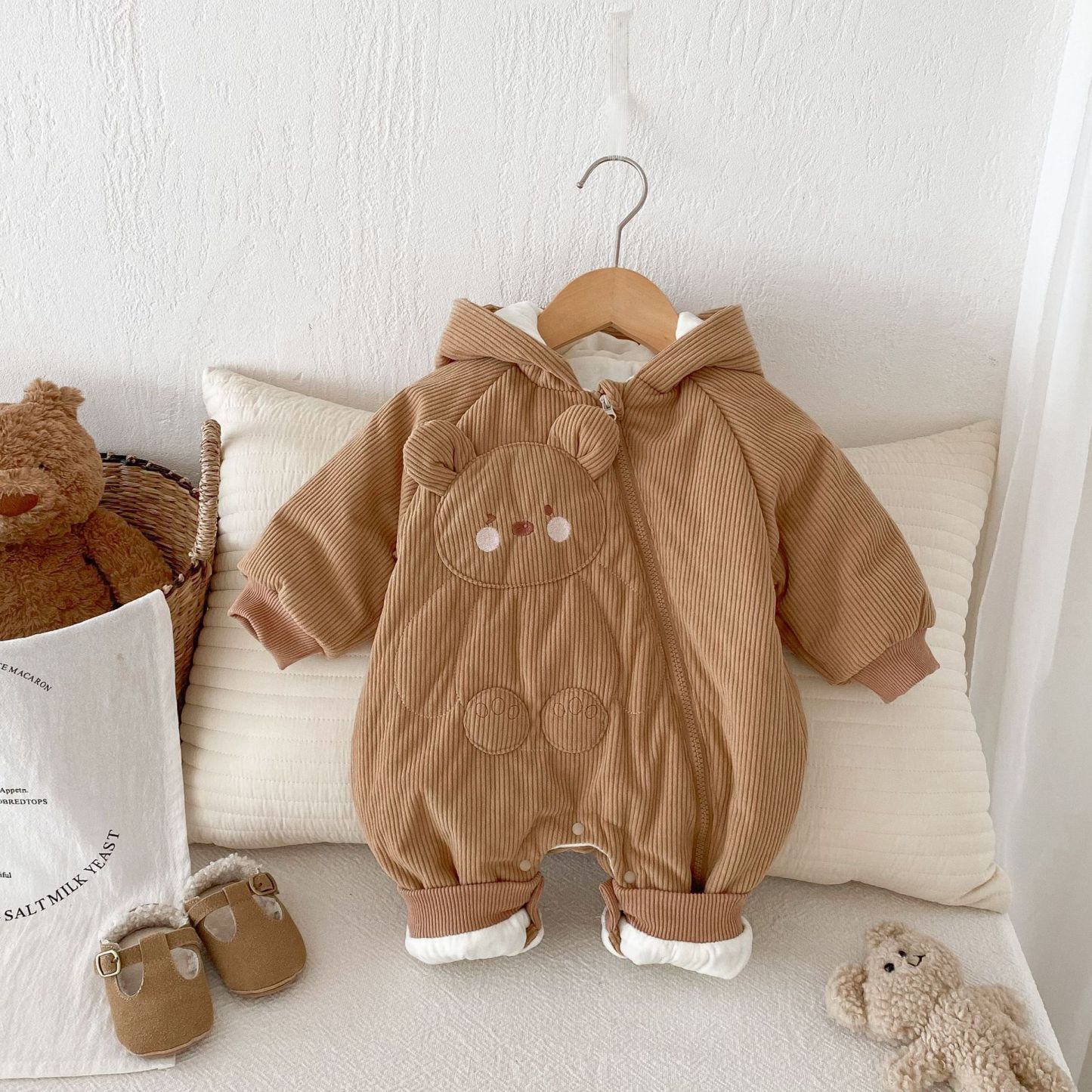 Baby Bear Corduroy Sandwich Cotton With Hat Romper