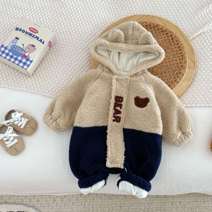Baby Cartoon Cute Bear Padded Cotton Hooded Romper