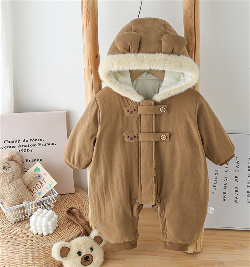 Baby Cartoon Cute Bear Padded Cotton Hooded With Bag Romper
