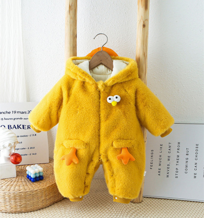 Baby Cartoon Cute Chick Padded Cotton Hooded Romper