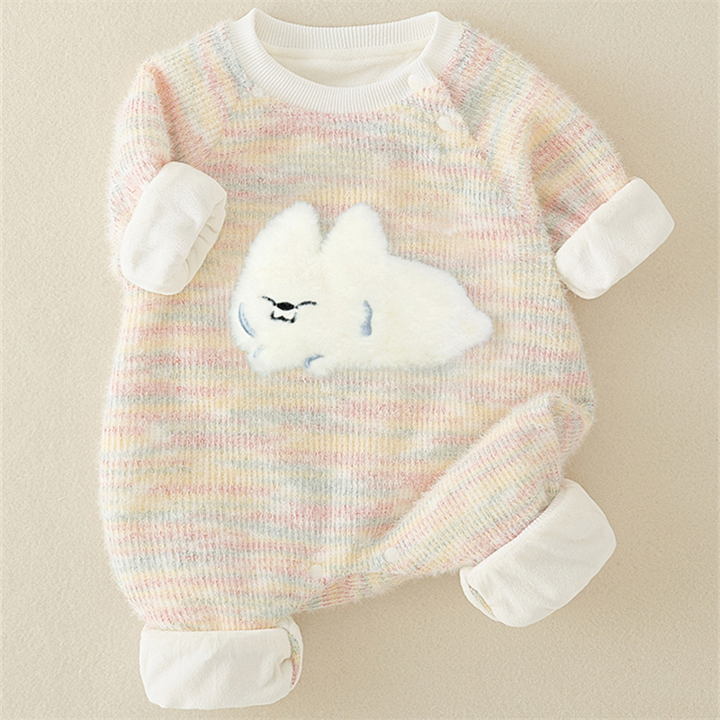Baby Girl Cute Fluffy Rabbit Padded Fleece Double Layer Long Sleeve Romper