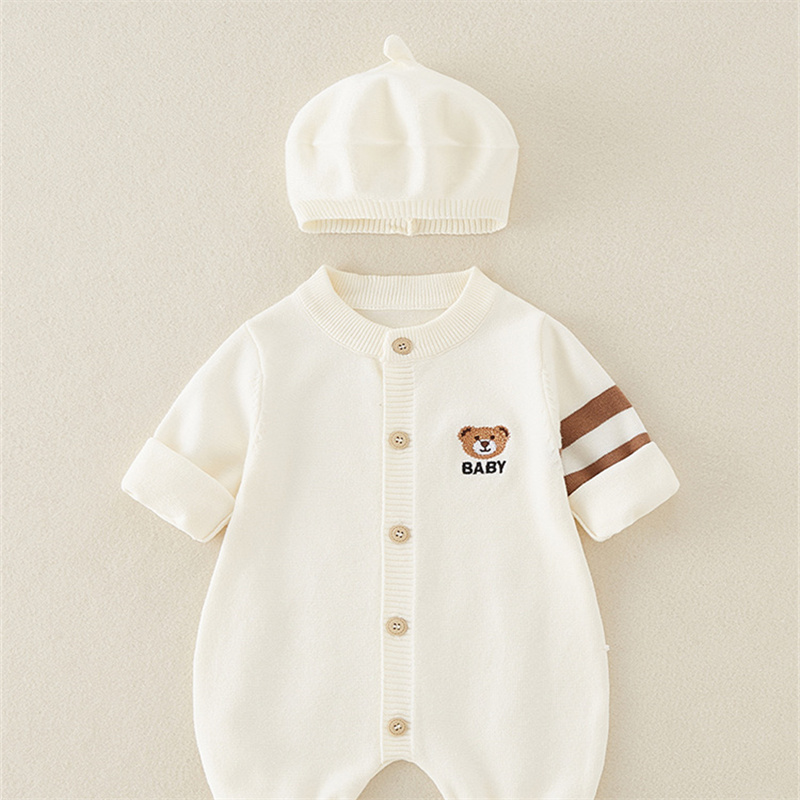 2pcs Baby Cute Cute Bear Knitted With Hat Long Sleeve Romper