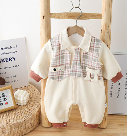 Baby Boy Cute Little Eyes Plaid Tie Long Sleeve Romper