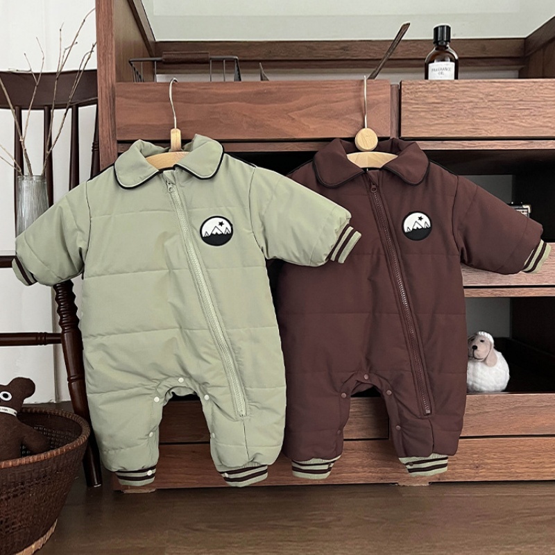 Baby Boy Slant Zip Badge Lapel Thickened Romper