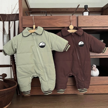 Baby Boy Slant Zip Badge Lapel Thickened Romper