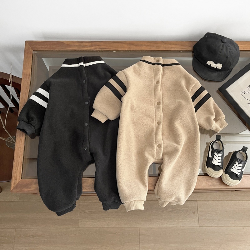 Baby Boy Pulled Stripe Plush Half High Neckline Romper