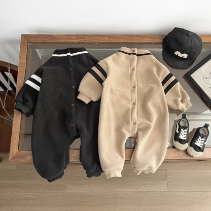 Baby Boy Pulled Stripe Plush Half High Neckline Romper